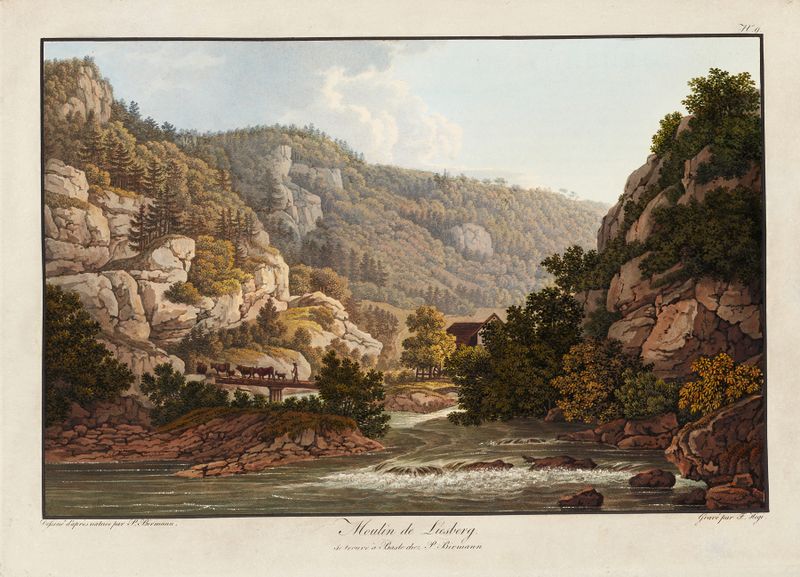 Moulin de Liesberg by Peter Birmann, oil on canvas depicting a mill by a river in golden light