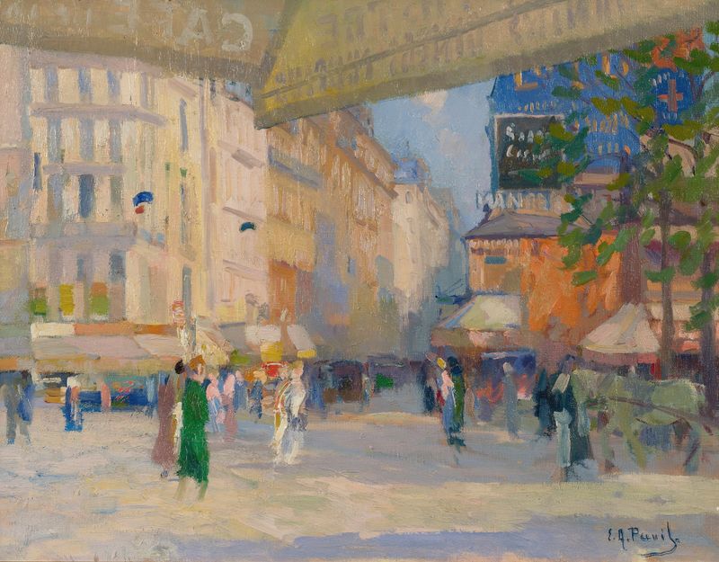 Rue De Paris de Elie Anatole Pavil, óleo sobre tela retratando uma rua parisiense com luz dourada.