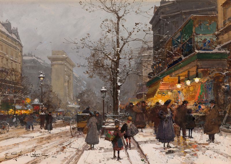 Boulevard Bonne – Nouvelle sous la neige, oil on canvas by Eugène Galien-Laloue, depicting a snowy street.