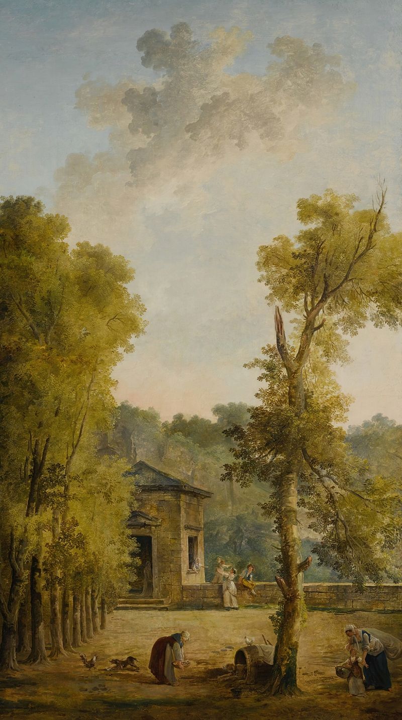 Pintura al óleo de Hubert Robert de una mujer alimentando gallinas en un patio de jardín