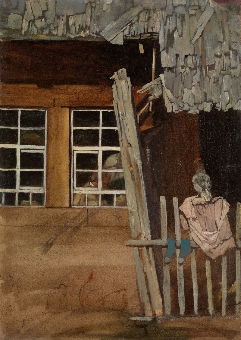 Bauernhausecke mit Gartenzaun und Huhn de Hans Thoma, óleo sobre tela que retrata uma cena rural com uma cerca e uma galinha