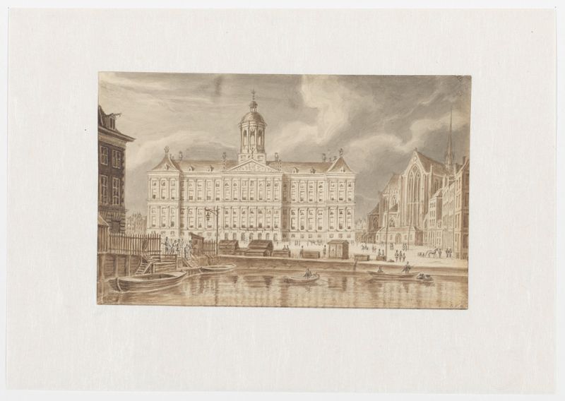 Oil painting by Augustus Wijnantz depicting the Royal Palace and Nieuwe Kerk in Amsterdam.