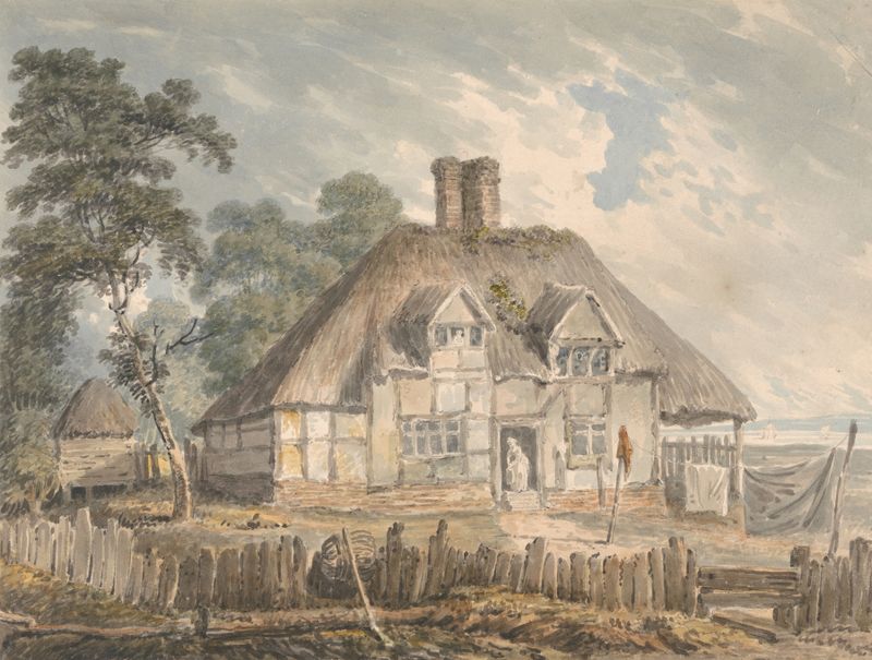 A Cottage near Southampton by Edward Dayes, depicting a thatched cottage surrounded by greenery, oil painting