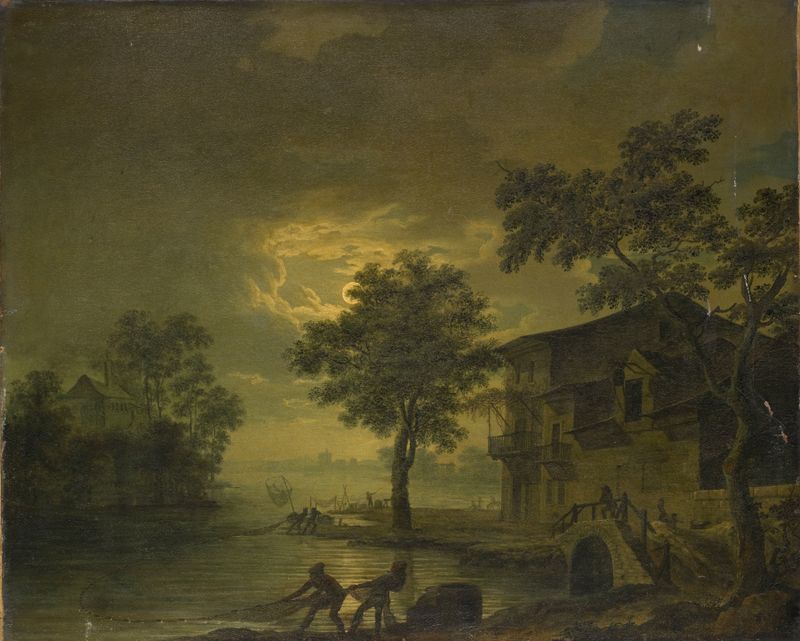 Paisaje fluvial con pescadores a la luz de la luna, óleo sobre lienzo de Jean François Huë