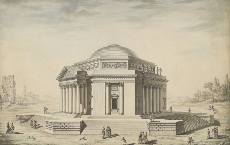 Templo hexagonal en un paisaje sereno, óleo sobre lienzo de Louis Gustave Taraval