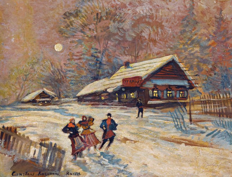 Merrymakers Outside The Tavern, pintura al óleo de Konstantin Alexeevich Korovin con figuras animadas y una taberna.