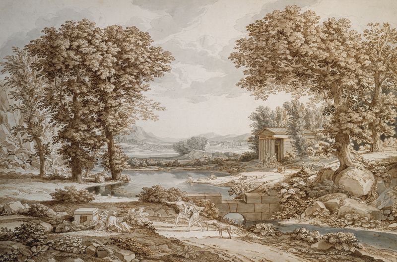 Heroic landscape by Johann Christian Reinhart, oil painting of rolling hills and light.