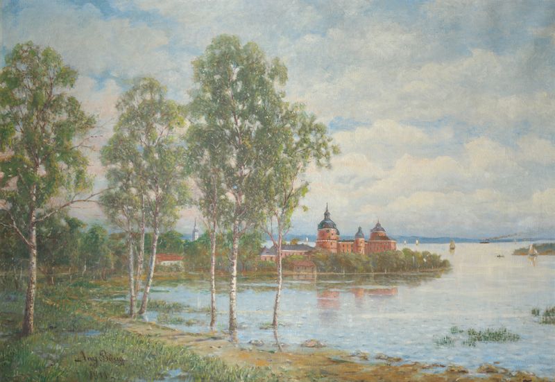 Pintura al óleo de paisaje de Johan August Bång con tonos apagados y atmósfera serena