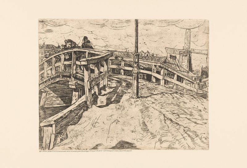 Brug in de Baarsjes, óleo sobre tela de Pieter Dupont, retratando uma ponte sobre um canal calmo cercado pela natureza.