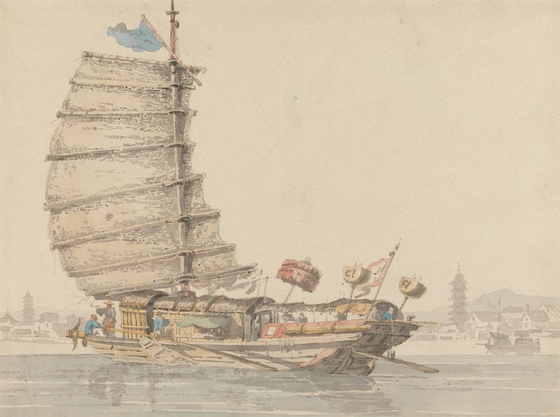 The Traveling Barge by William Alexander, oil painting of a barge navigating water.