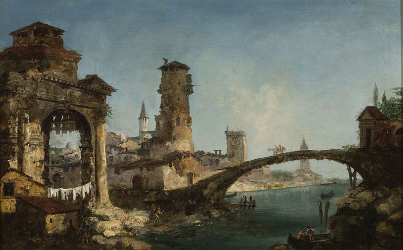 Landscape with ruins and a bridge, oil on canvas by Michele Marieschi