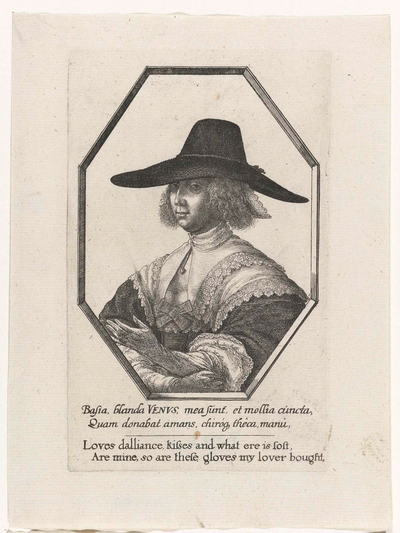 Retrato de una mujer con un gran sombrero oscuro y guantes largos, grabado de Wenceslaus Hollar