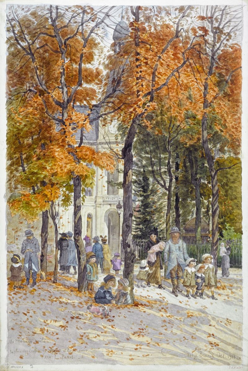Landscape oil painting by Félix Brard depicting a square with figures and trees.