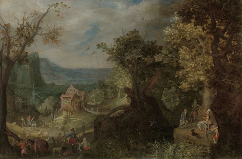 Hunter and Horsemen on a Wooded Road, pintura a óleo de Anton Mirou