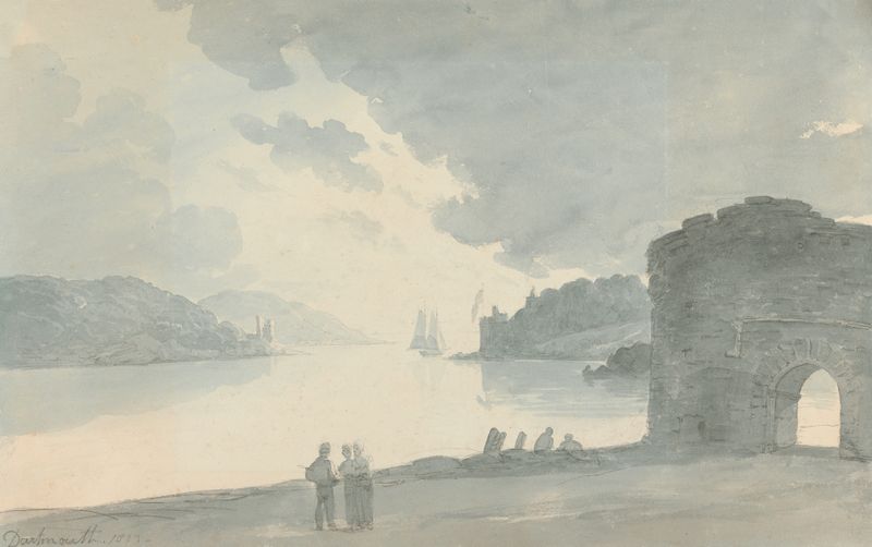 Dartmouth by John Baverstock Knight, oil on canvas depicting a boat on tranquil waters.