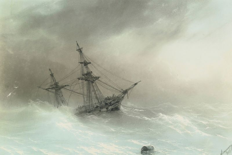 Oil painting by Ivan Aivazovsky depicting a ship battling stormy waves.