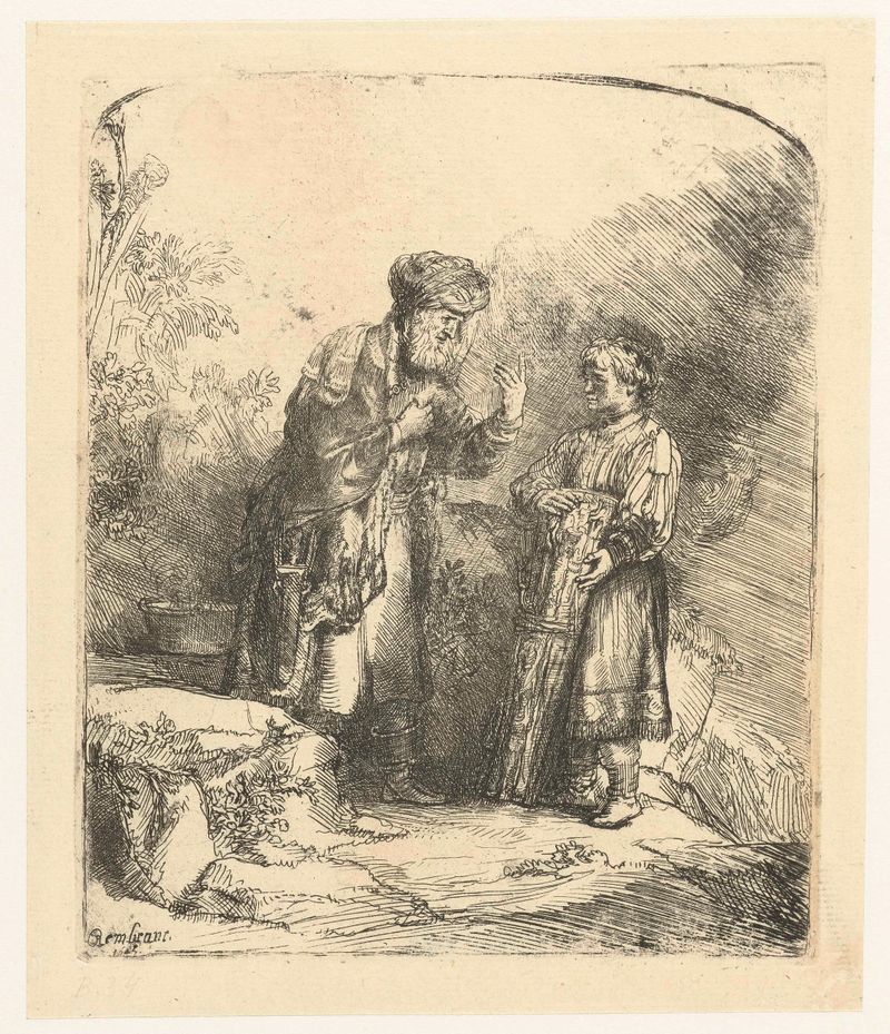 Grabado de Rembrandt van Rijn que representa a Abraham e Isaac con tensión emocional.