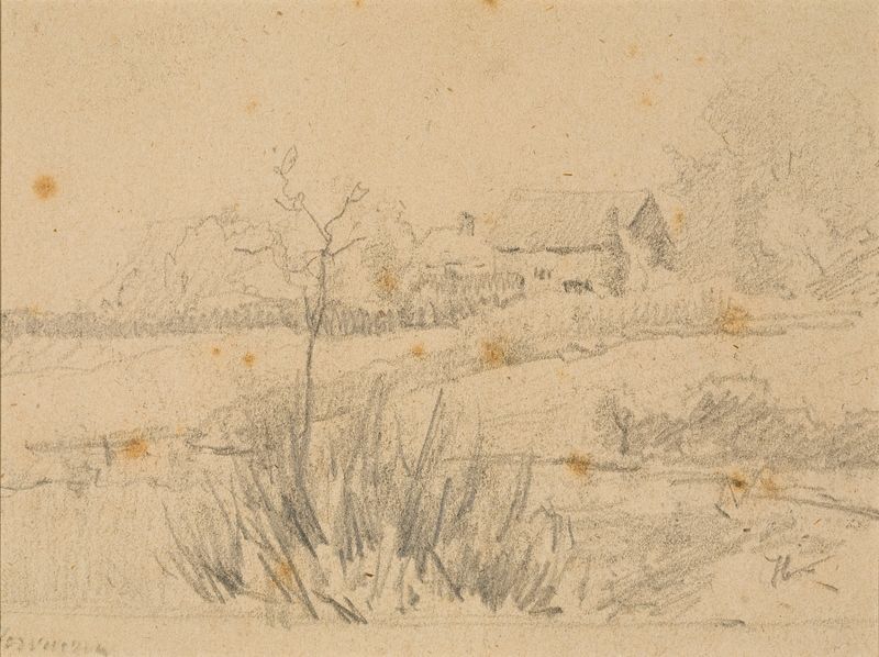 Farmhouse at Tervueren by Alphonse Asselbergs, oil on canvas depicting a tranquil landscape with a farmhouse.