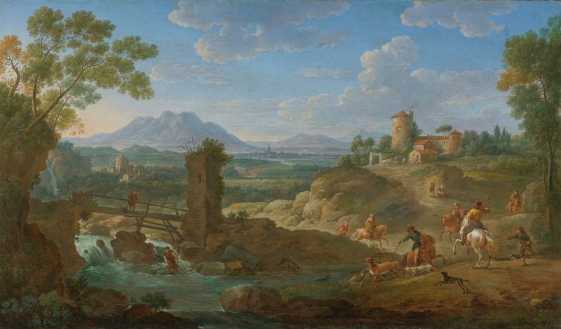 Elegant Hunting Party In An Extensive Landscape With Mountains Beyond, óleo de Hendrik Frans Van Lint