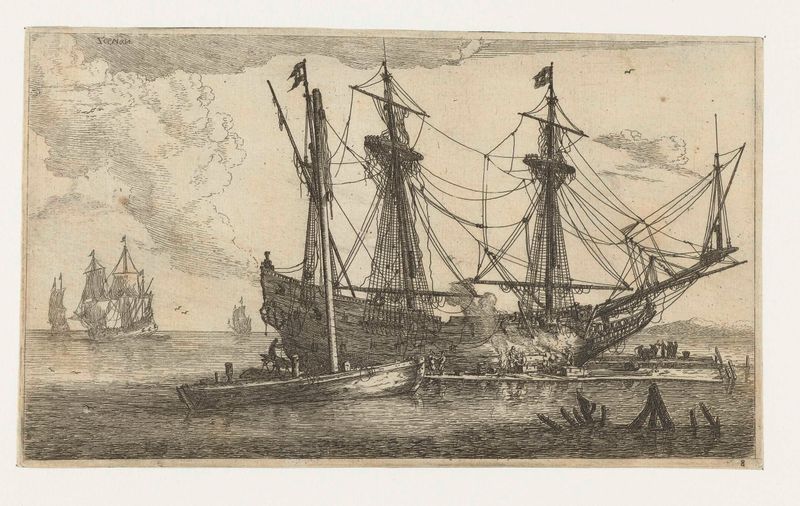 Etching by Reinier Nooms showing a ship's hull with sunlight reflections.