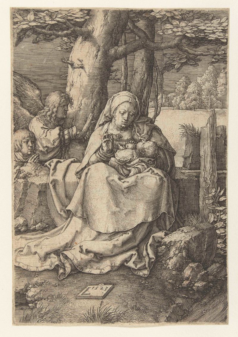 Virgem e Criança com um Anjo e um Menino gravura de Lucas van Leyden