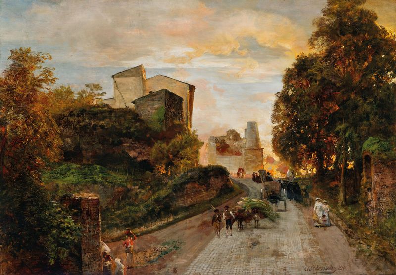 Calle del pueblo al atardecer, óleo sobre lienzo de Oswald Achenbach