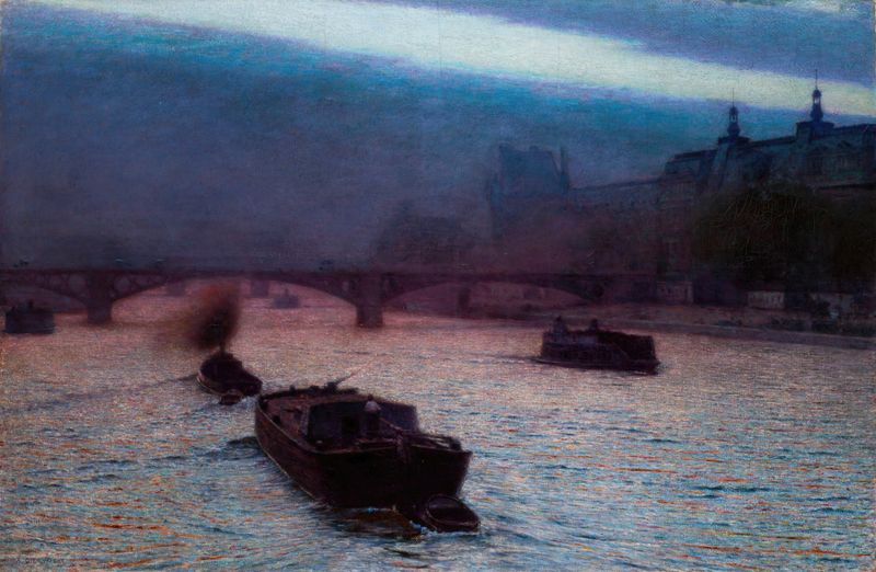 Evening on the Seine by Aleksander Gierymski, oil on canvas depicting a twilight river scene