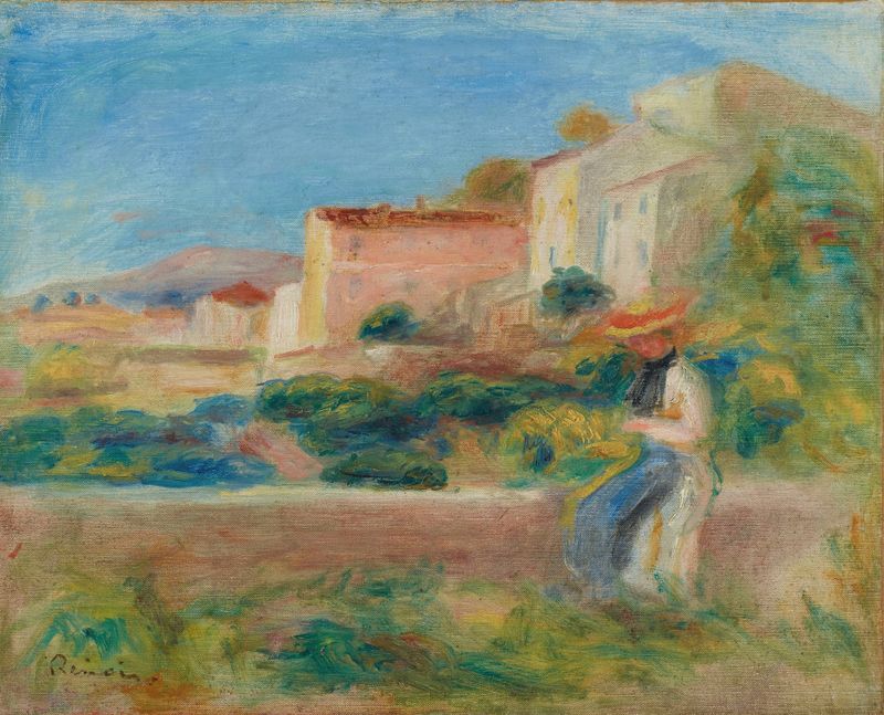 Femme assise, La Maison de la poste à Cagnes de Pierre-Auguste Renoir, pintura a óleo de uma mulher na luz do sol.