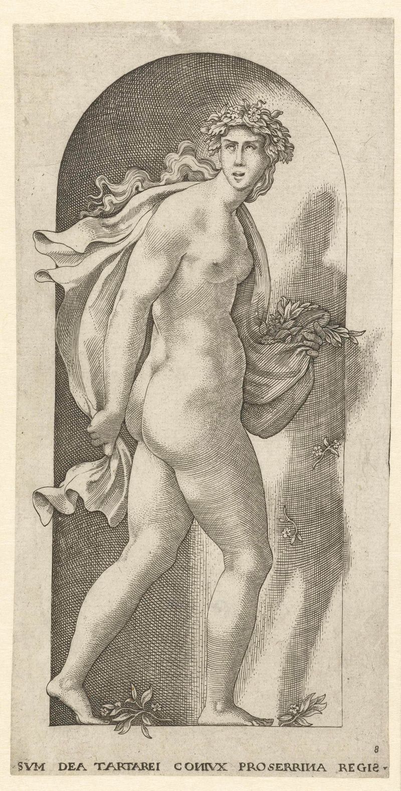 Gravura de Proserpina cercada por flores vibrantes de Jacob Binck