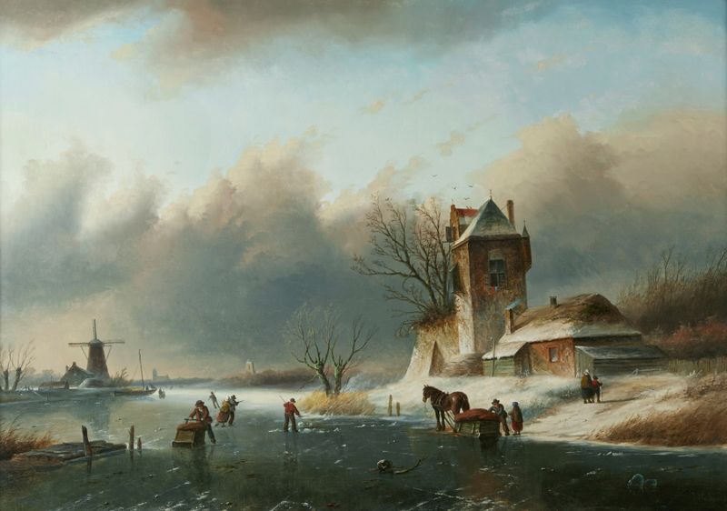 Ice skaters on a canal, oil painting by Jan Jacob Coenraad Spohler