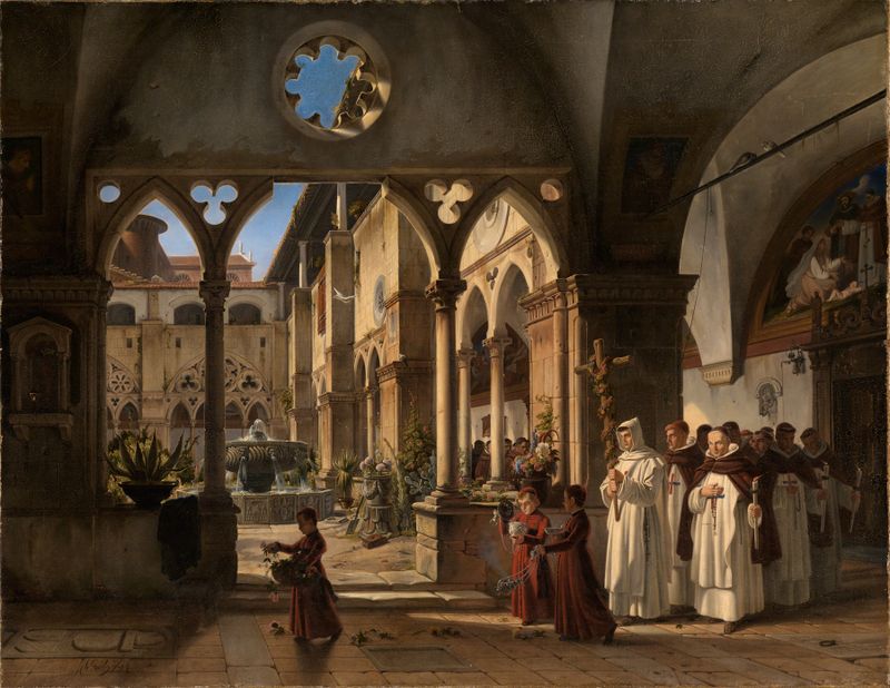 Klosterhof mit Prozession von Trinitariermönchen by Wilhelm Gail, oil painting depicting a solemn procession of cloaked monks
