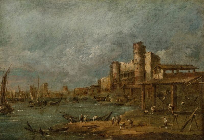 Capriccio com um arsenal, óleo sobre tela de Francesco Guardi