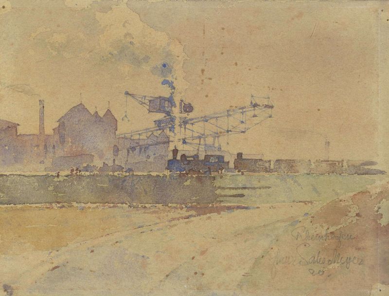Karlsruher, Rheinhafen by Franz Sales Meyer, oil on canvas depicting a tranquil harbor scene