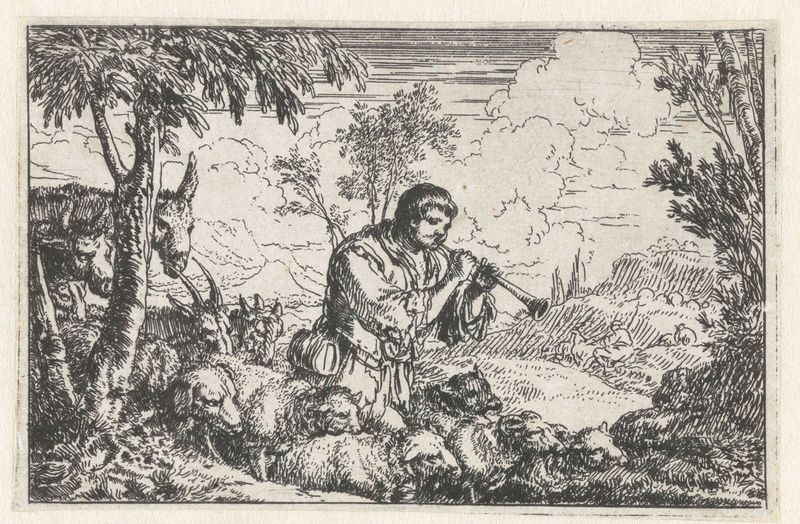 Shepherd playing pipe with cattle in a landscape, etching by Jonas Umbach