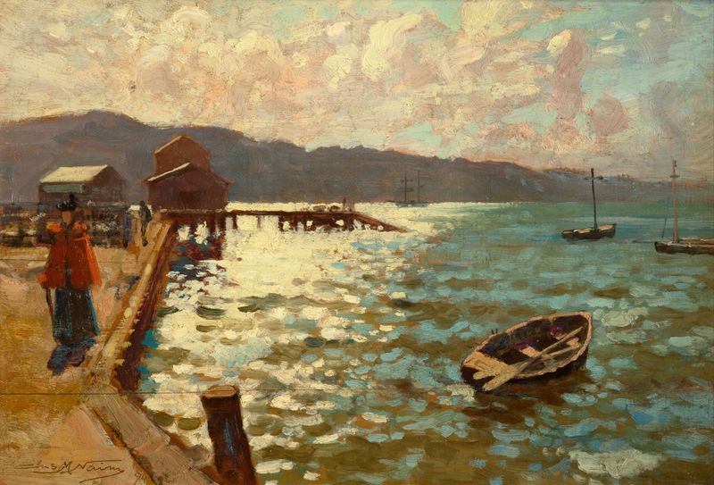 Wellington Harbour by James Nair, impressionism, depicting tranquil water and reflections.