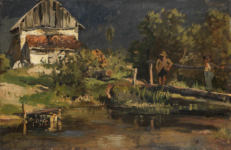 Landscape with water and foliage by Josef Wenglein, 1883, oil painting
