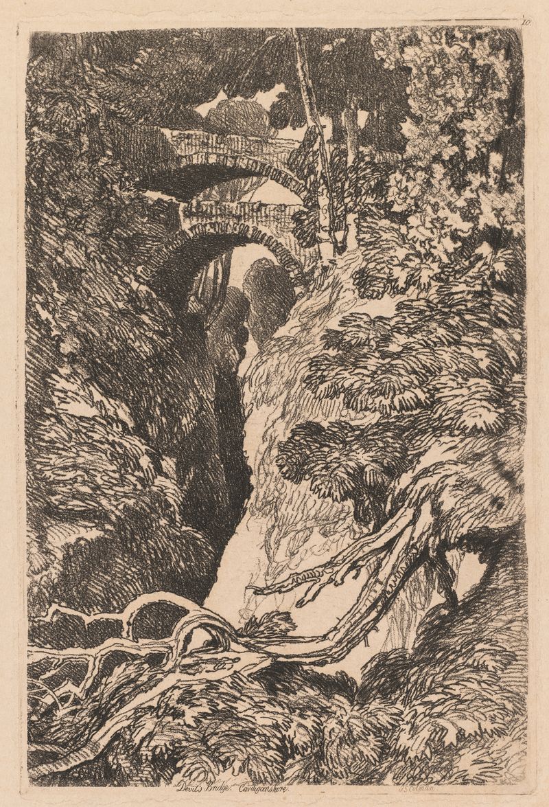 Devil’s Bridge, Cardiganshire de John Sell Cotman, pintura al óleo que representa acantilados y río.