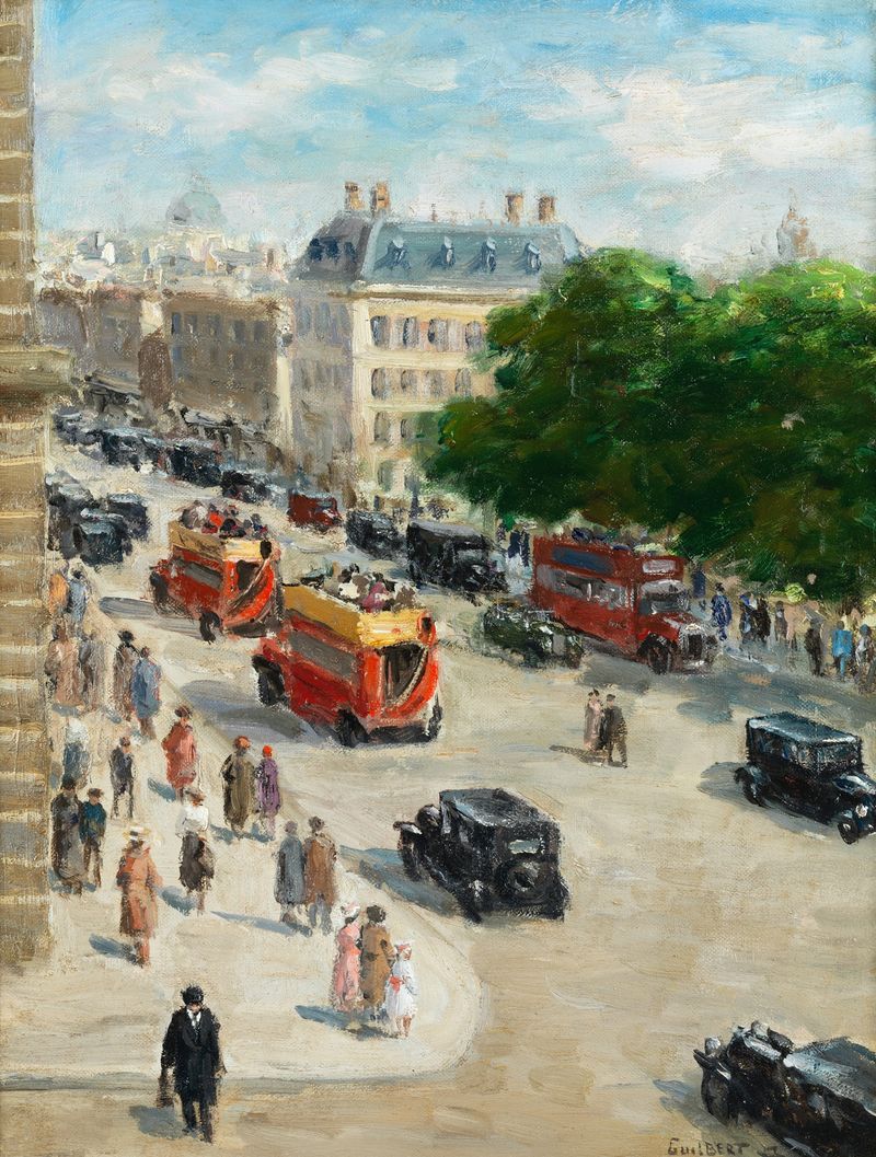 Street in London de Narcisse Guilbert, óleo sobre tela que retrata uma rua de paralelepípedos com uma figura solitária.