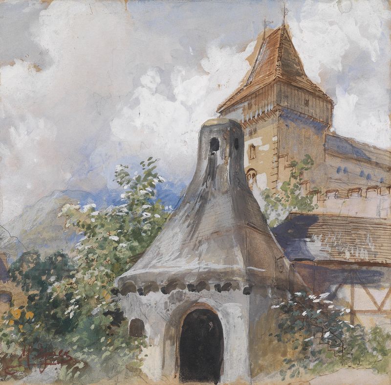 Landscape with a village in golden light, oil painting by Marie Egner