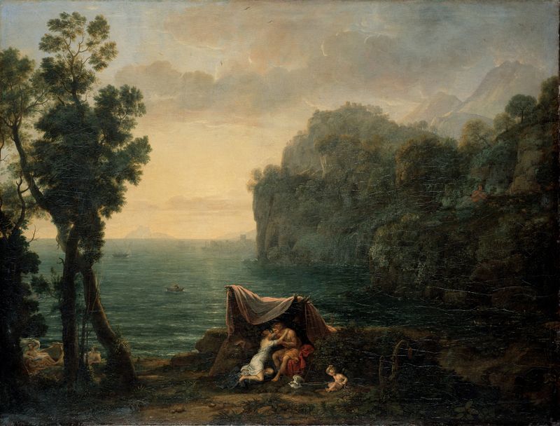 Landscape with Acis and Galatea, oil on canvas by Claude Lorrain, featuring mythological figures in a serene landscape.