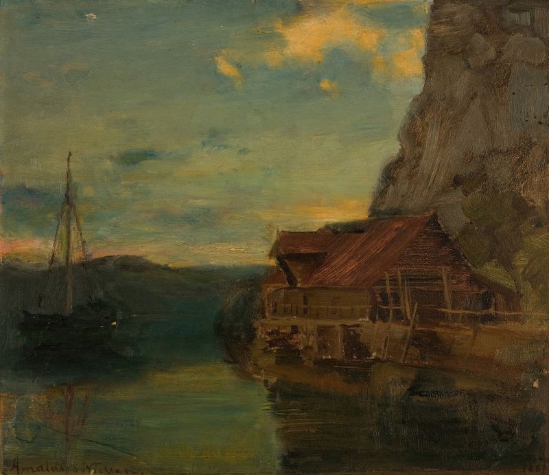 Paisaje de colinas y agua en Fra Solsvik, Bergen de Amaldus Nielsen, pintura al óleo