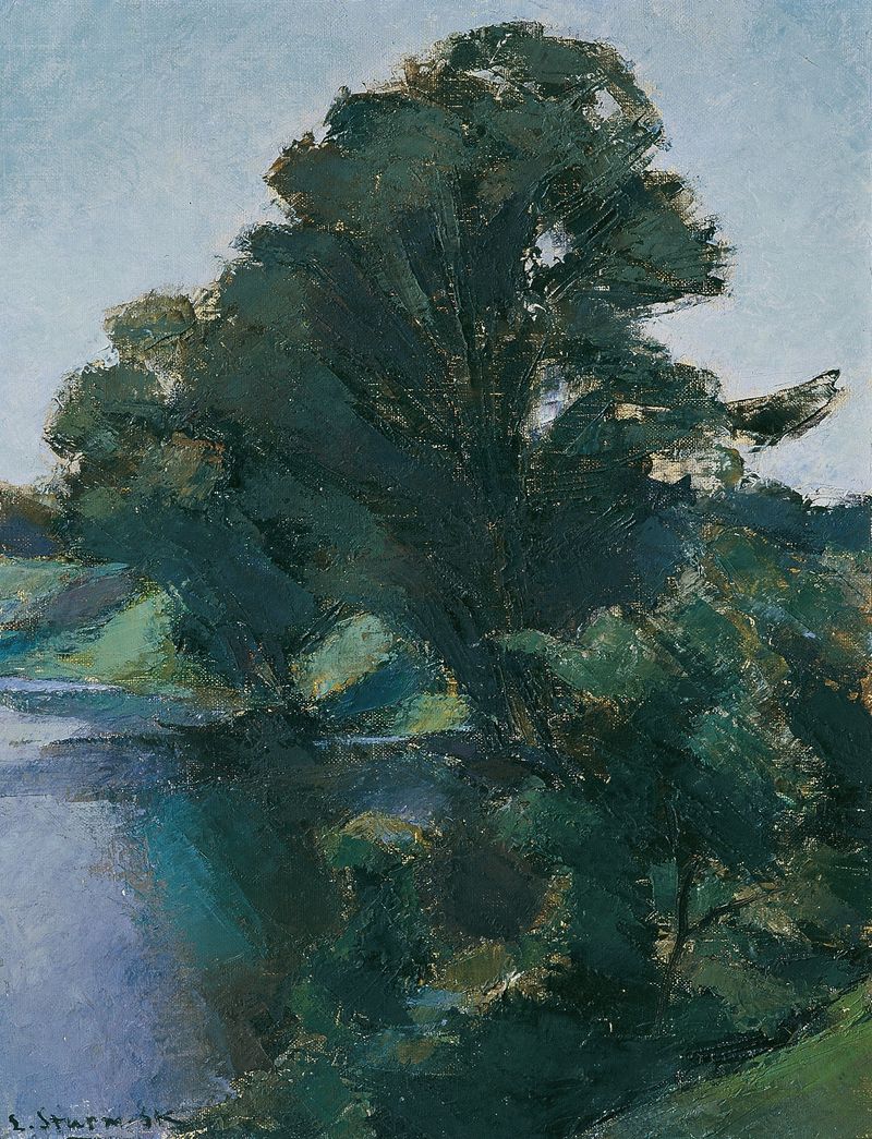 Paisagem com árvores e reflexos na água, pintura a óleo de Egge Sturm-Skrla