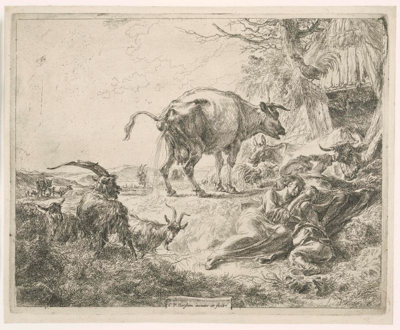 Grabado de Nicolaes Pietersz Berchem que representa a una familia de pastores y ganado descansando