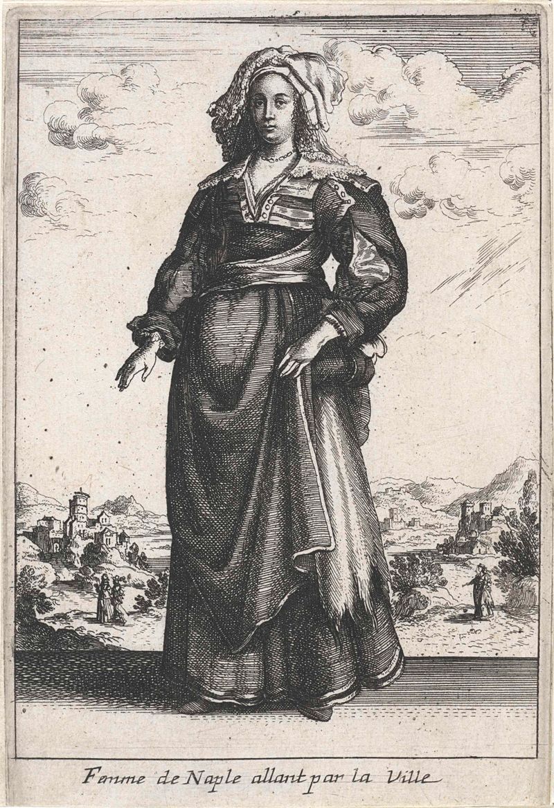Femme de Naple allant par la Ville, grabado de Unknown Artist, con una mujer con velo.