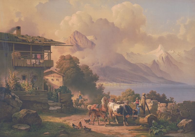 Storm in the Alps, pintura al óleo de Edmund Foerster & Co. que representa un paisaje montañoso turbulento.