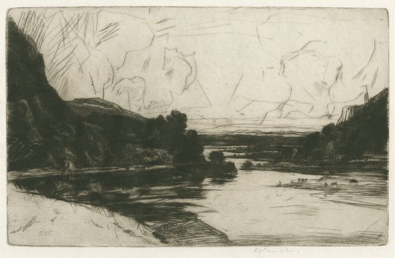 Paisaje impresionista de un río por David Young Cameron, pintura al óleo