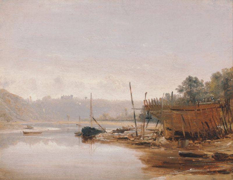 Construção de Barcos perto de Dinan, Bretanha de Francis Danby, óleo sobre tela que retrata uma paisagem serena com barcos...