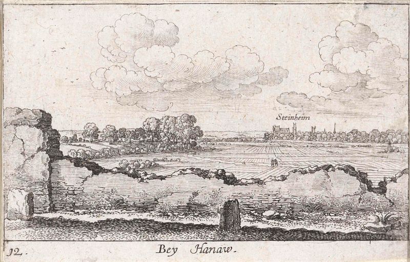 Landschap nabij Hanau met gezicht op Steinheim, gravura de Wenceslaus Hollar representando uma paisagem serena.