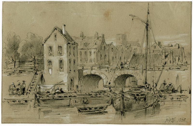 Marine scene with boats at a harbor by Pieter van Loon, oil painting