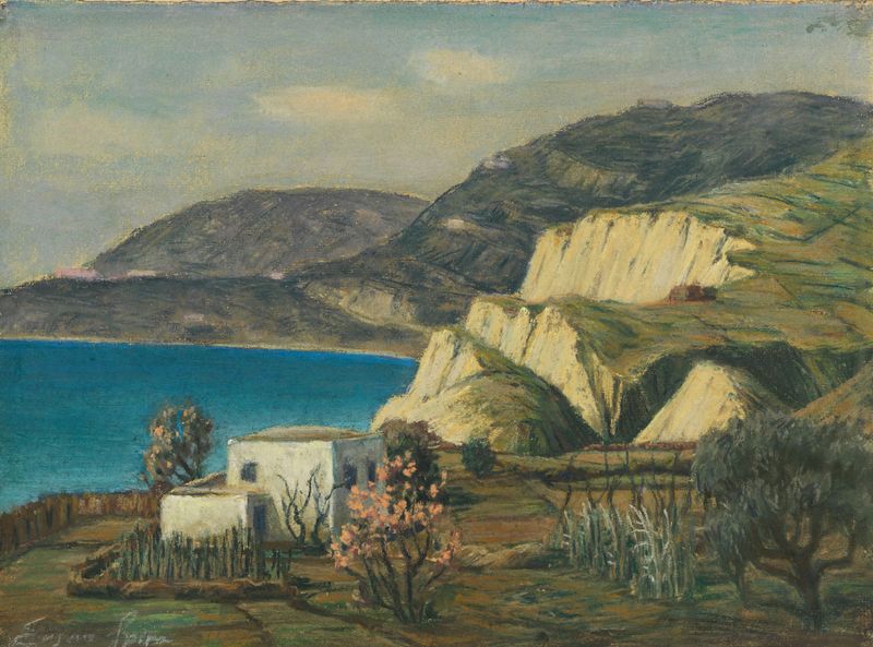 Paisaje costero con suaves olas y un cielo luminoso, óleo sobre lienzo de Eugen Spiro